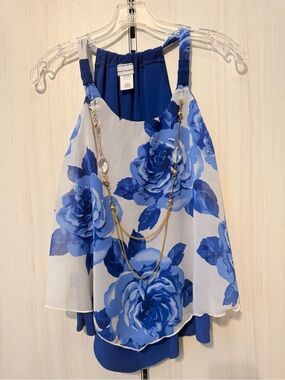 Floral Layered Blue Halter Camisole with Decorative Chain